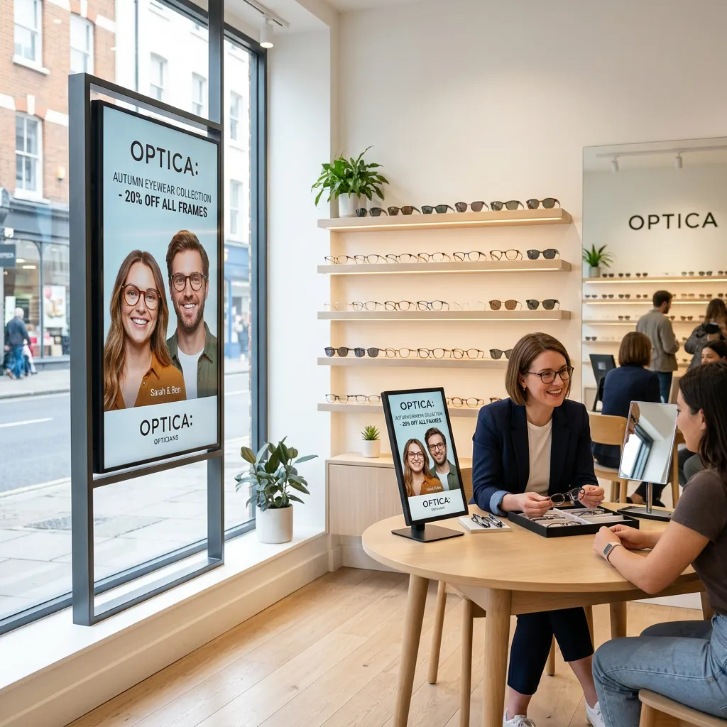 Simulation d'écrans vitrine et de comptoir dans une boutique d'optique