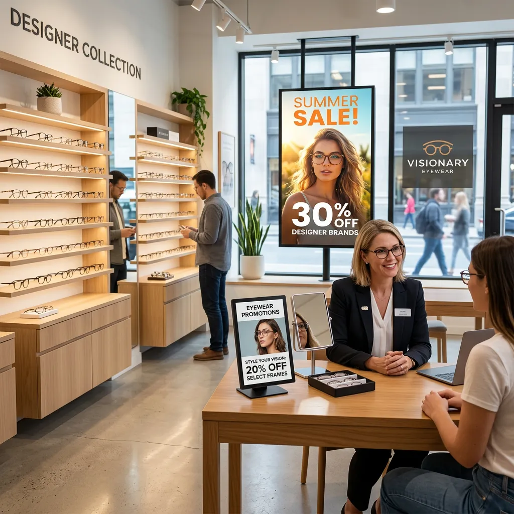 Écran vitrine dans un magasin d'optique (simulation)