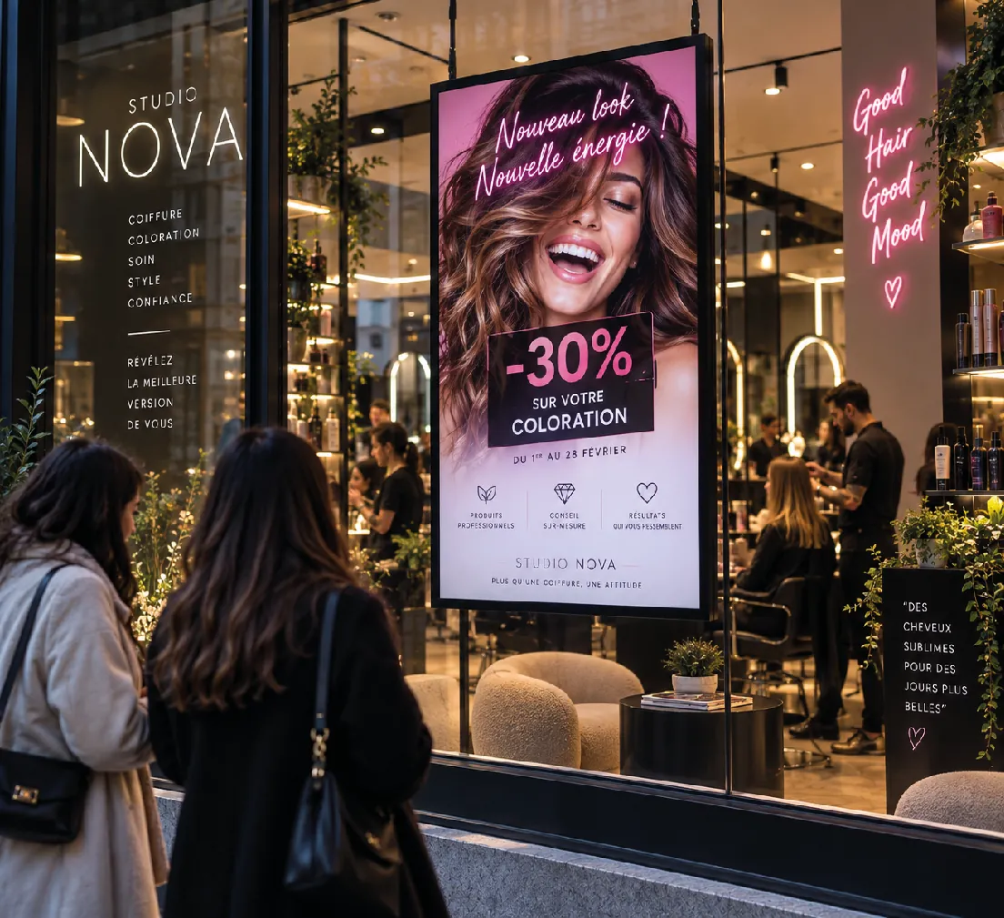 Écran vitrine d'un salon de coiffure affichant une offre coloration (simulation)