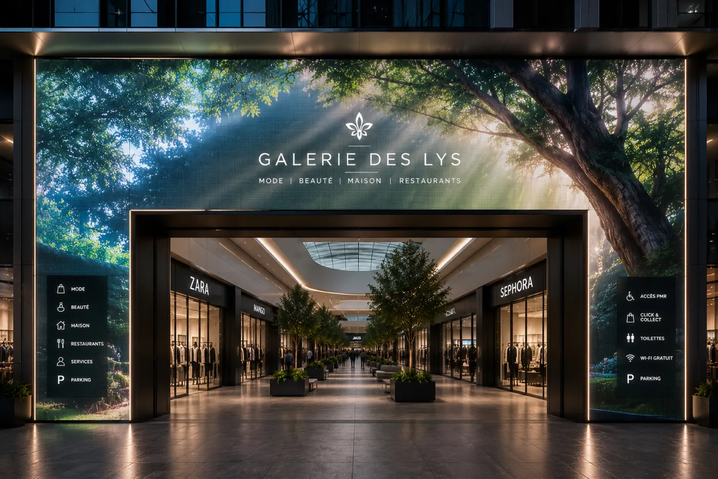 Entrée de galerie marchande habillée d'un mur LED grand format