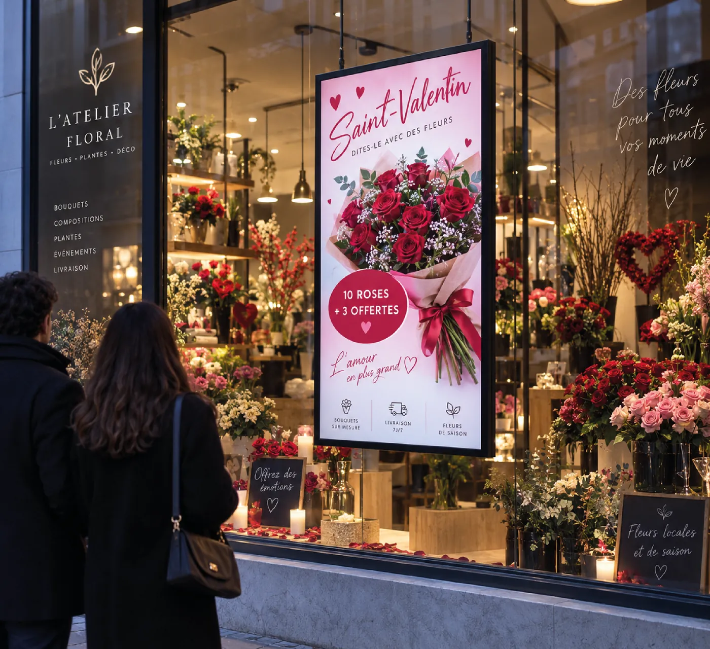Écran vitrine suspendu chez un fleuriste pour la Saint-Valentin (simulation)
