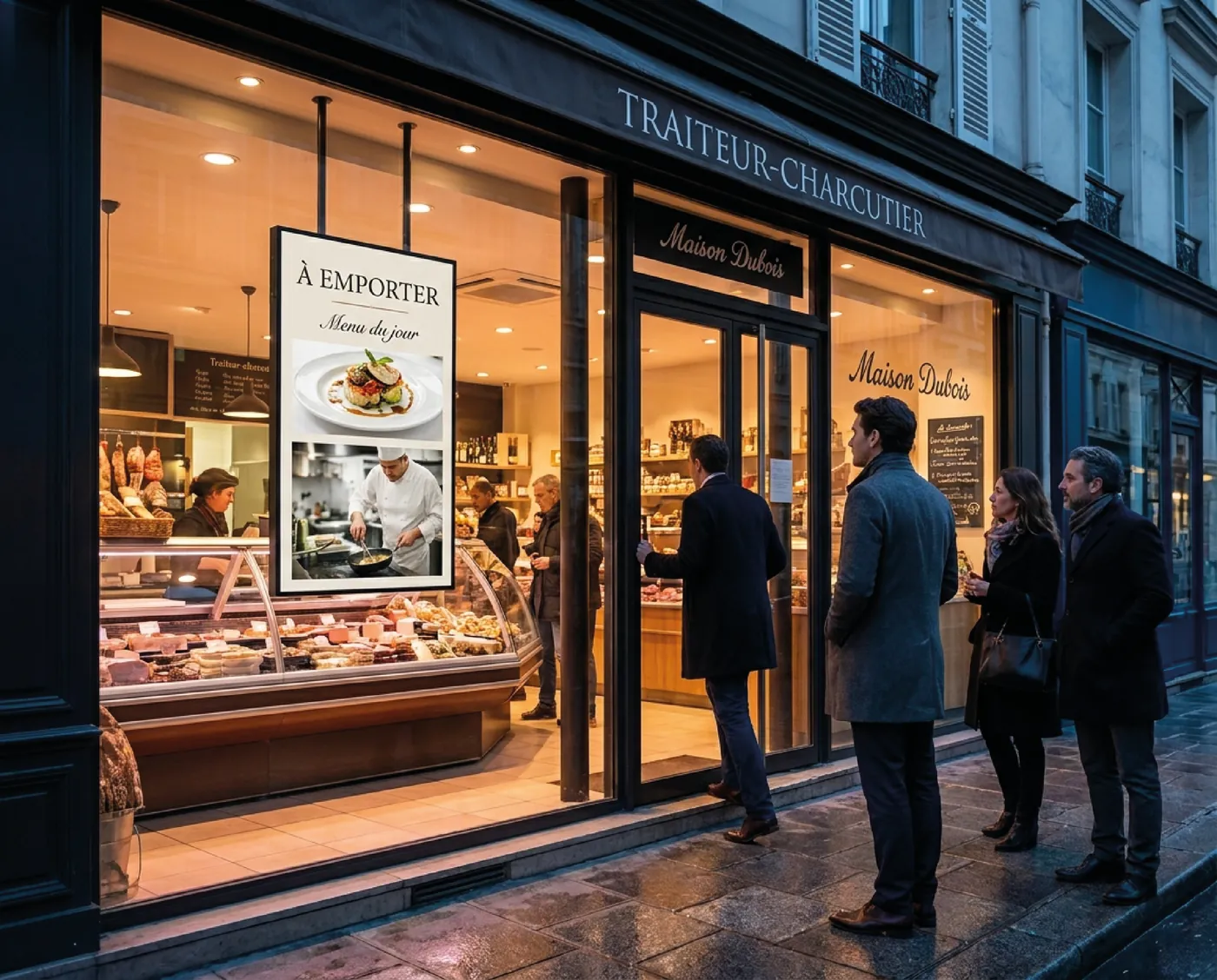Écran vitrine d'un traiteur affichant le menu du jour (simulation)