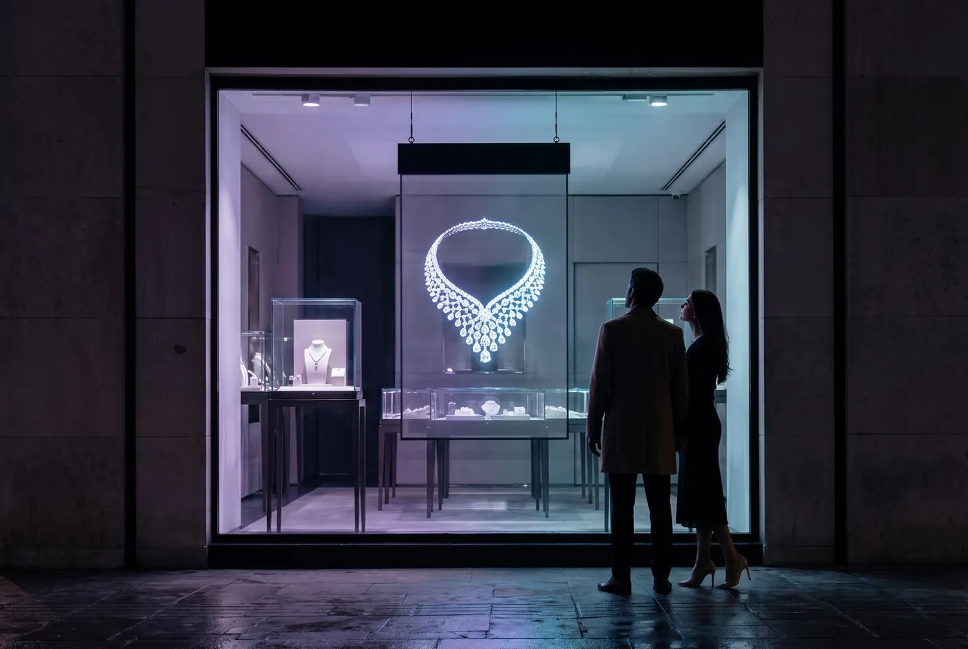 Vitrine équipée d'un voile holographique diffusant un produit en lévitation