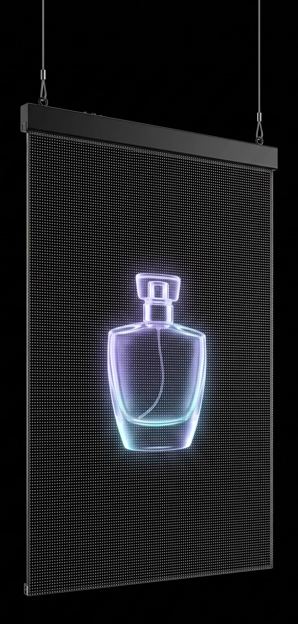 Voile holographique transparent suspendu derrière une vitre, produit en lévitation