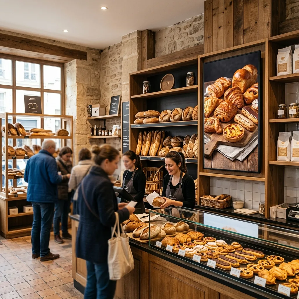 Écran diffusant les viennoiseries dans une boulangerie (simulation)
