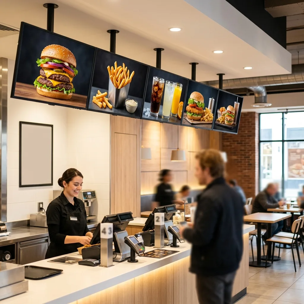 Écrans menu au-dessus du comptoir d'un snack (simulation)