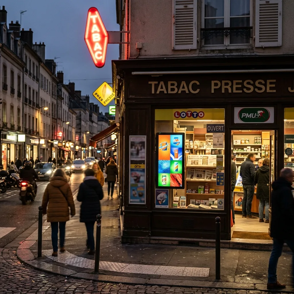 Écran vitrine d'un tabac-presse en soirée (simulation)